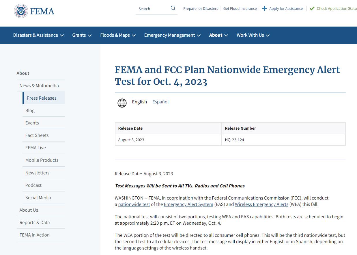 FEMA and FCC Plan Nationwide Emergency Alert Test for October 4th 2023