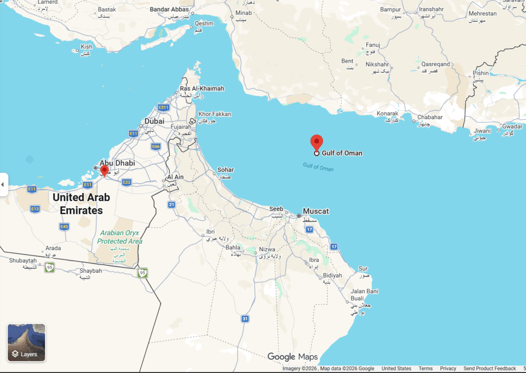 Tactical map showing the flight path of a U.S. F-35 diversion from the Gulf of Oman to the UAE on May 11, 2026.